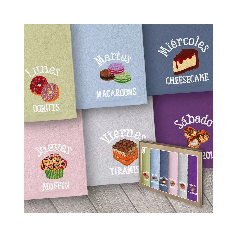 Estuche 6 Paños de Cocina Semanario Postres Bordados Barceló Hogar