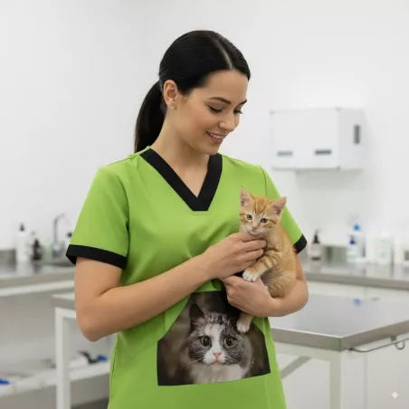 Camice Veterinario Verde con Stampa di Gatto Didal