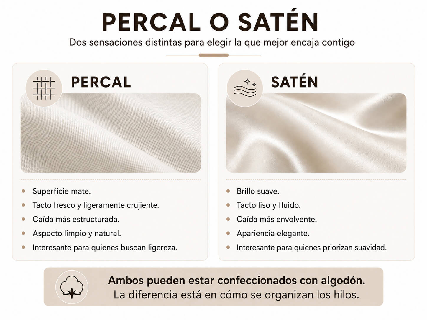 Infografía comparativa que muestra las principales diferencias entre las sábanas de percal y satén según su tacto, brillo, caída y apariencia. El percal se presenta como una opción fresca, mate, ligera y estructurada, mientras que el satén destaca por su suavidad, fluidez, brillo y sensación envolvente.
