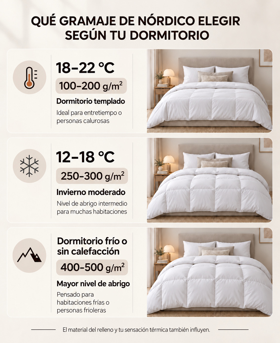 Infografía sobre qué gramaje de relleno nórdico elegir según la temperatura del dormitorio, con opciones de 100–200, 250–300 y 400–500 g/m².