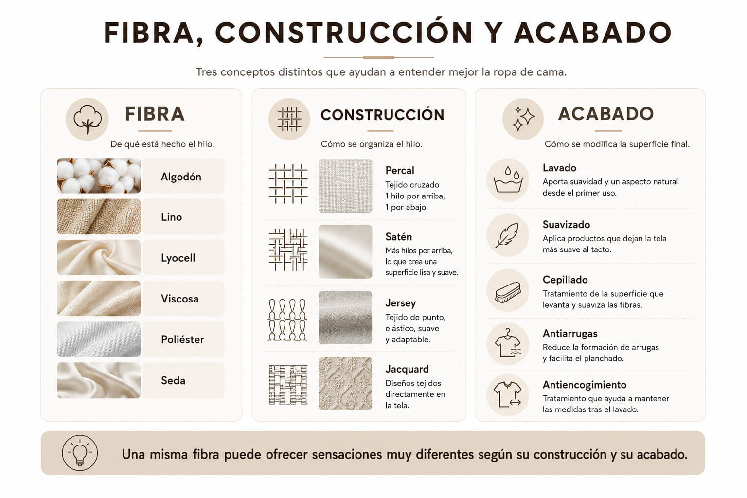 Diferencia entre fibra, construcción y acabado en los tejidos para ropa de cama.